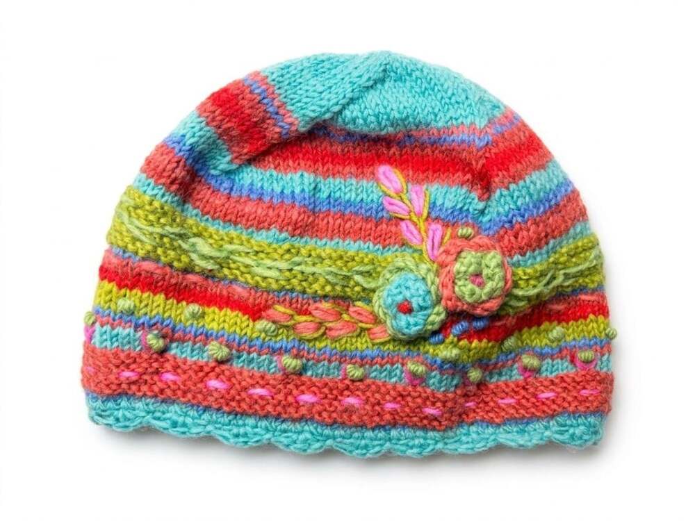 Lost Horizons from Sundance - 100% Wool Beanie With Floral Embroidery - Handmade